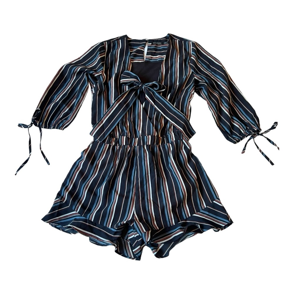 Navy Blue Striped Romper Ruffled Shorts Quarter Sleeves Women Size Small